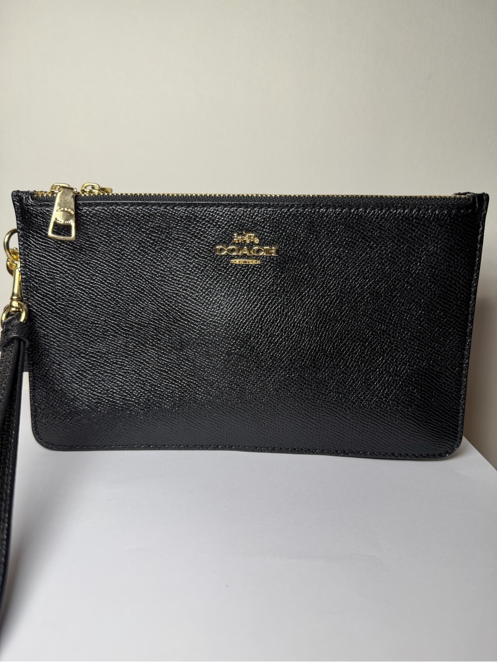Coach Black Saffiano Leather Wristlet with Gold Logo